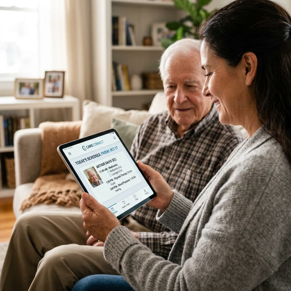 Family caregiver checking health updates